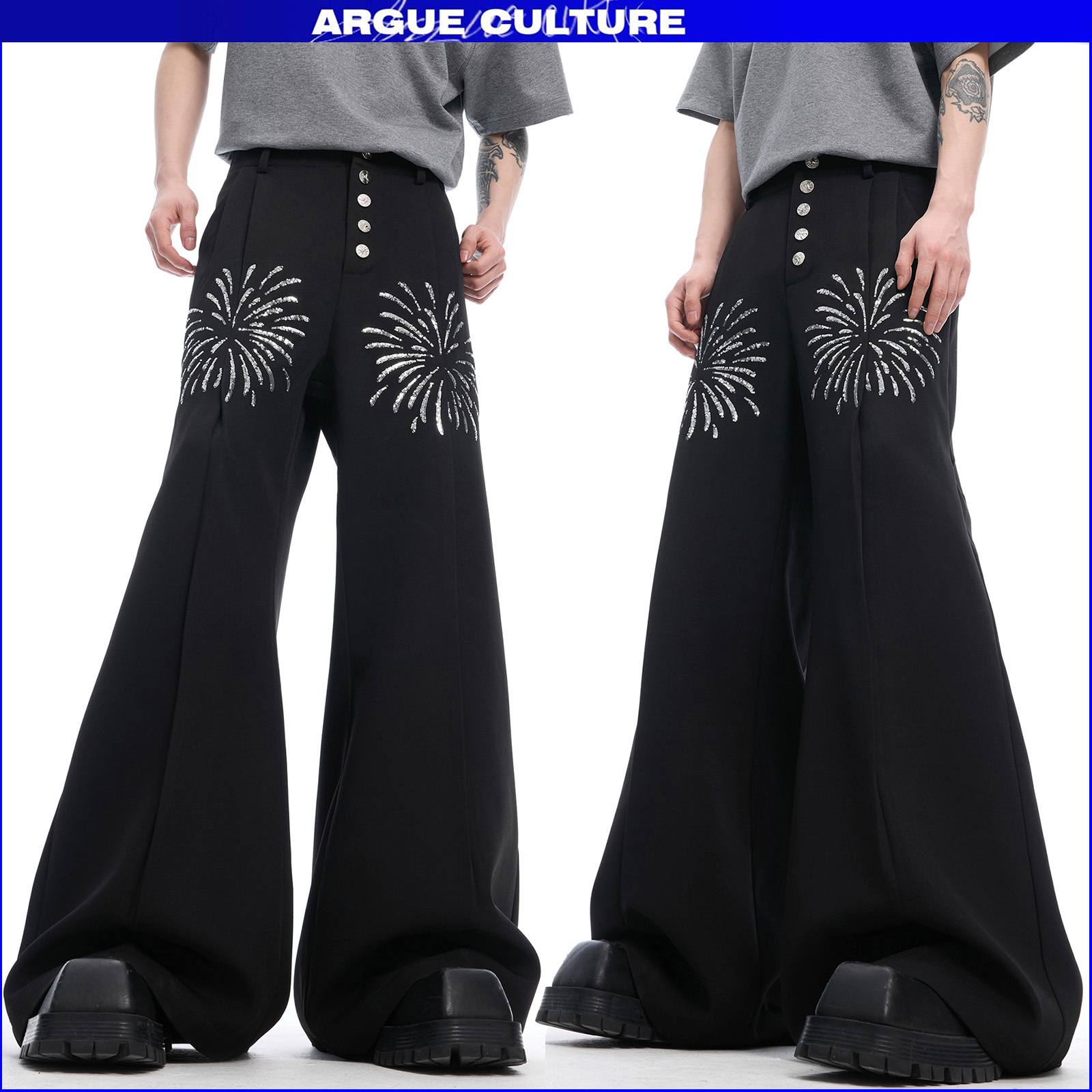 ArgueCultureボタン&花火柄ハイウェスト フレアパンツ