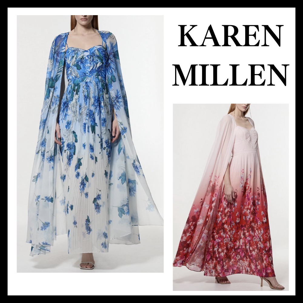 ◆KAREN MILLEN◆ フローラル プリーツ ケープ マキシドレス