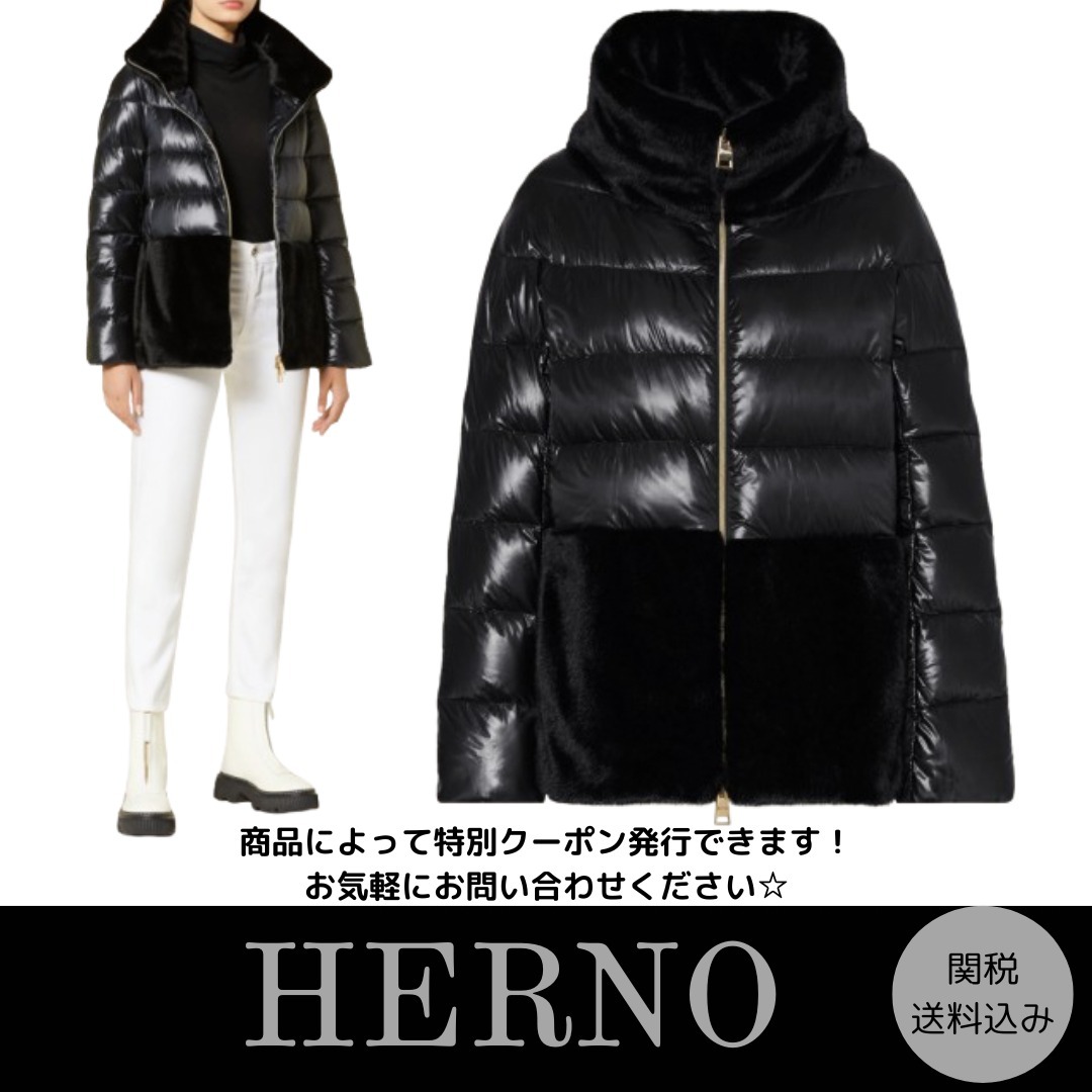 【HERNO】フェイクファー付きダウンジャケット ブラック