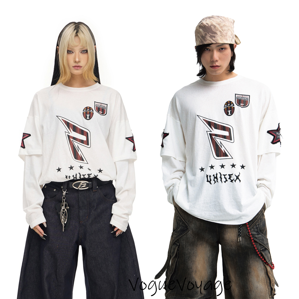 PEOPLESTYLE フェイクレイヤード 長袖Ｔシャツ ルーズ ロンT 白