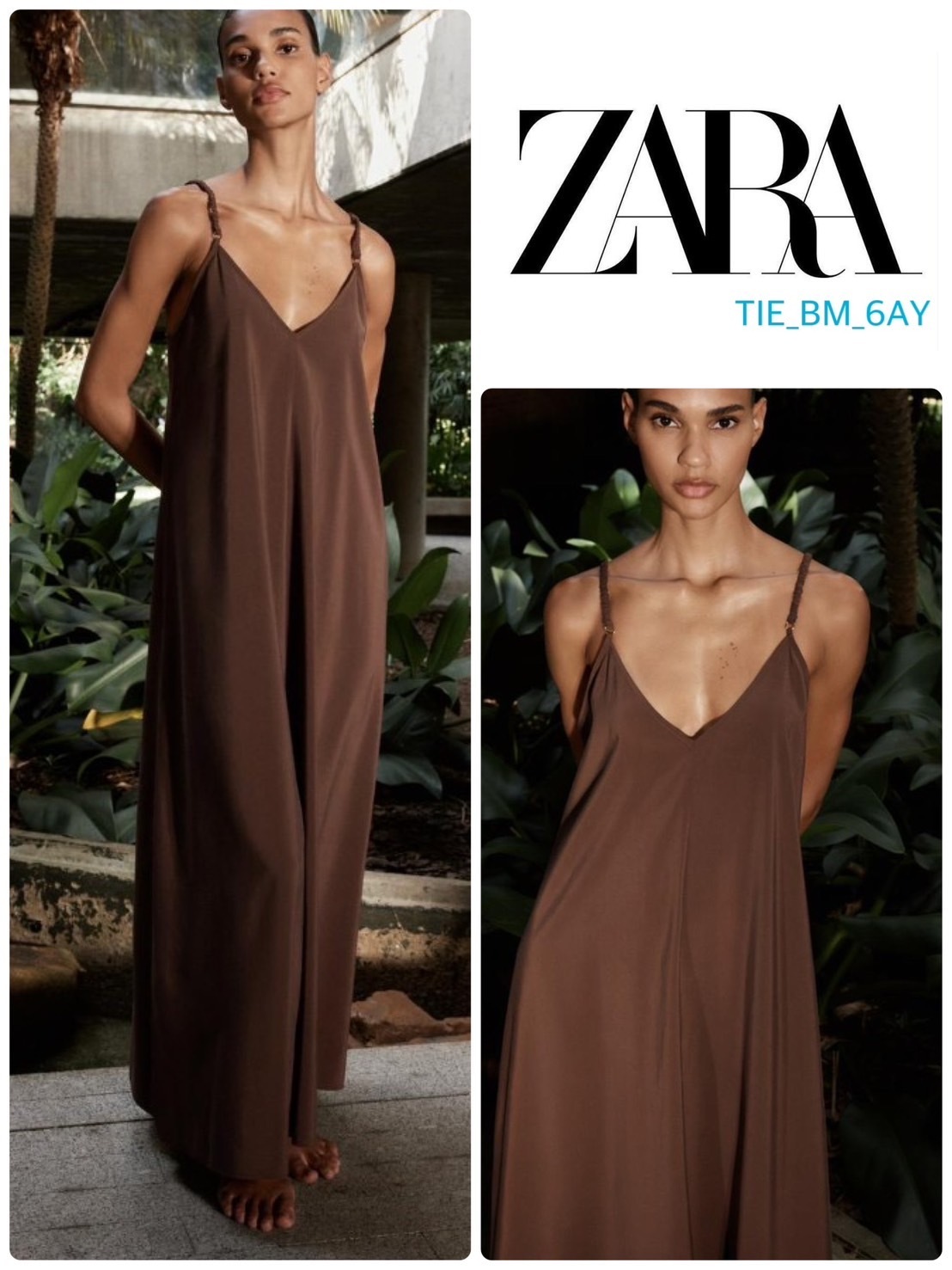 スペイン発送 ZARA ストラップ付きロングドレス ブラウン 最新作