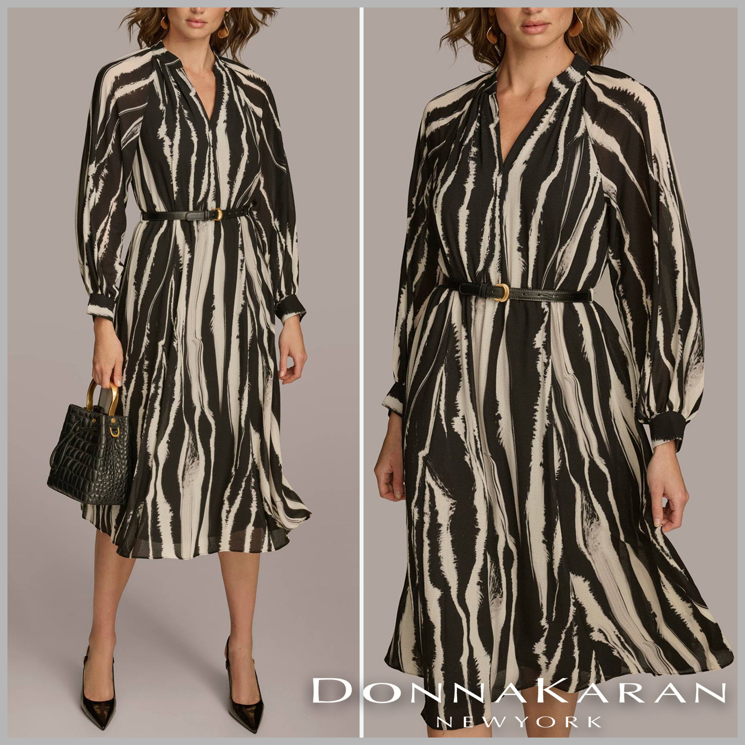 【Donna Karan】シフォン ベルト付き Aライン ドレス