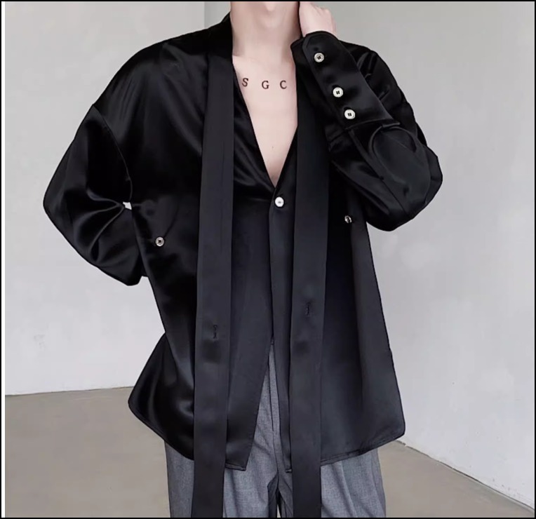 上品 メンズ サテンシャツ リボン付き Vネック シルエット 韓国