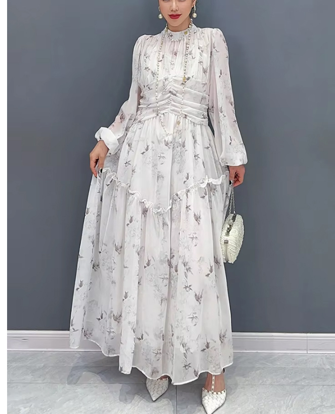 素敵 長袖 シフォン ドレス ワンピース 立体フラワー 結婚式 長袖 結婚式にも○ シフォン フラワードレス ワンピース