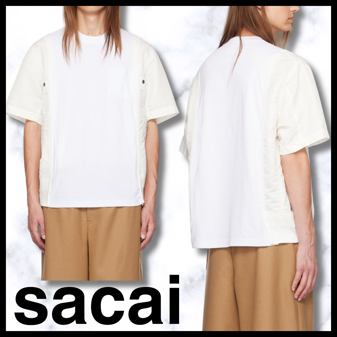 送料関税込♦sacaiコットン×ナイロンツイルパネルTシャツ