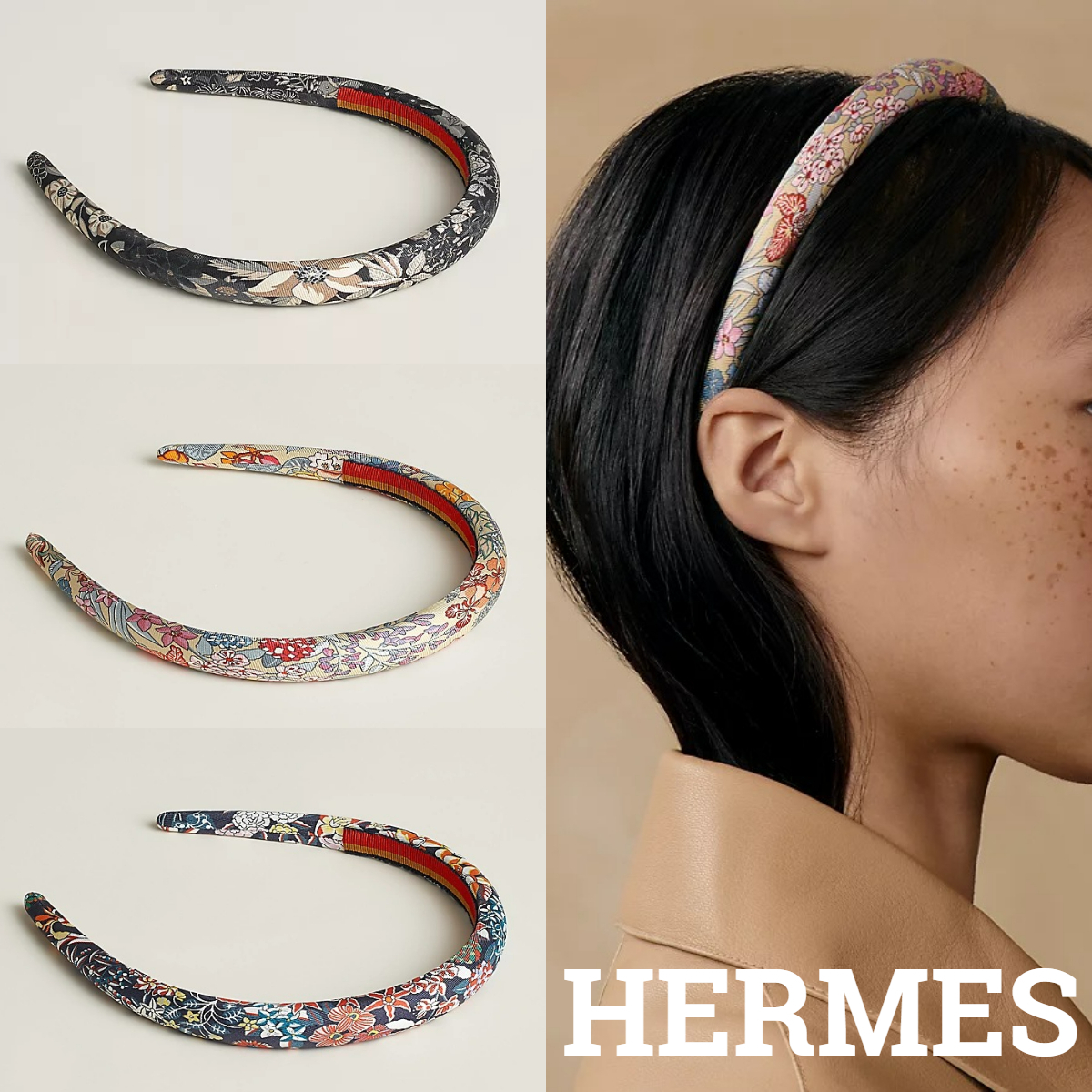 *HERMES*Elsa Bloom 花柄 シルクツイル カチューシャ 1.5cm幅