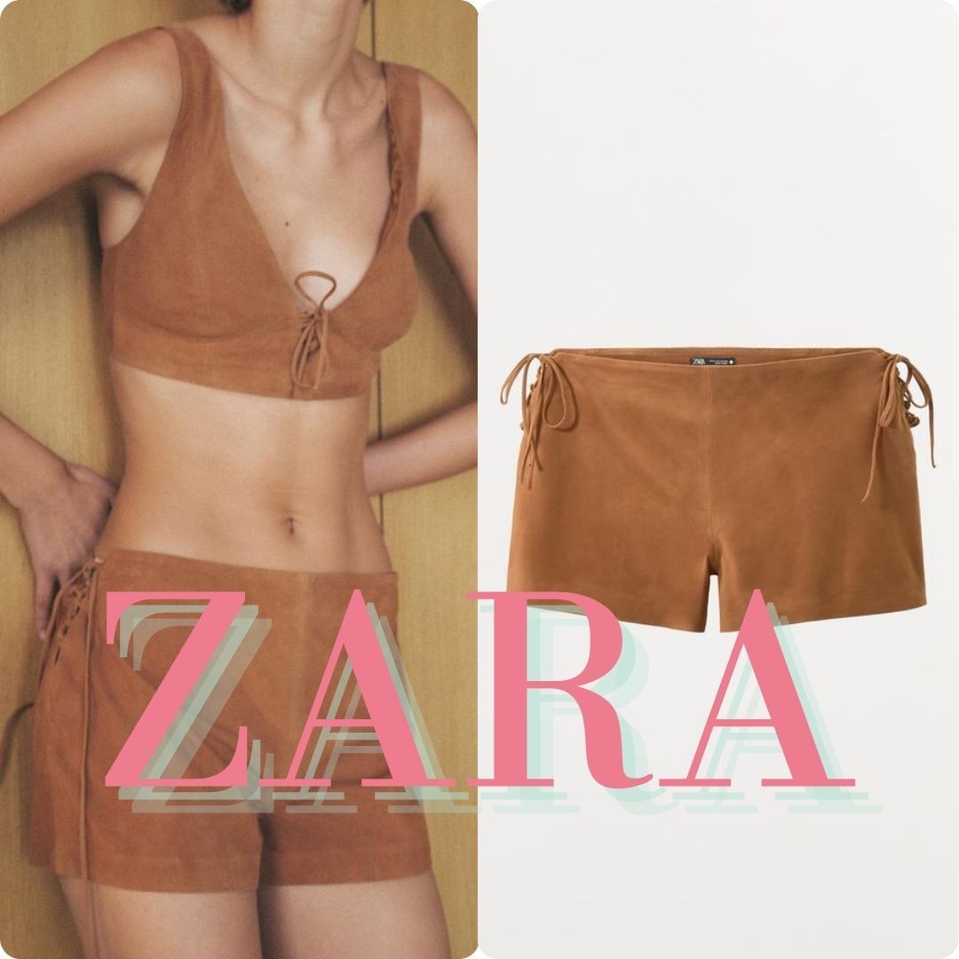 ZARA 100%スエードレザー リボンタイショートパンツ 6098/508