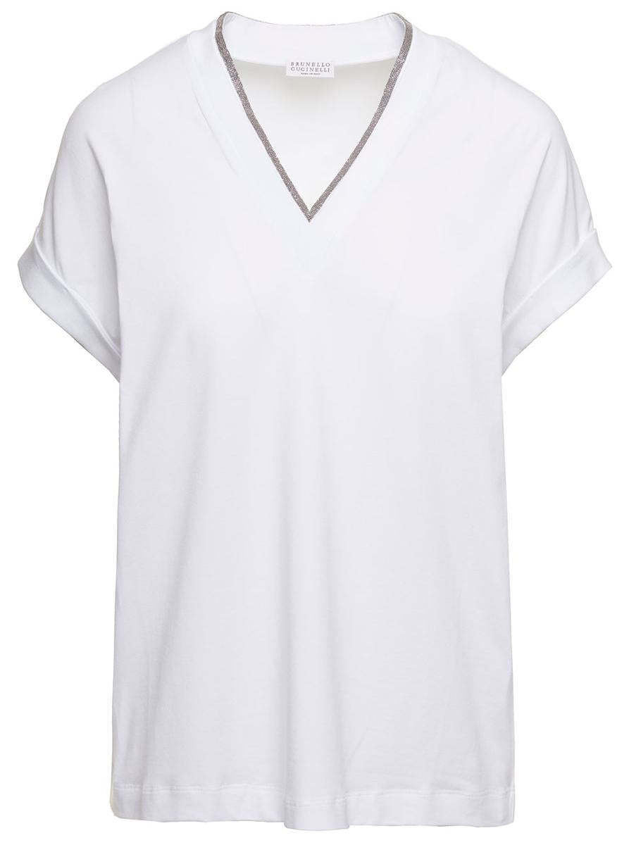 【関税＆送料込み】White V-Neck T-Shirt With Monile Detail