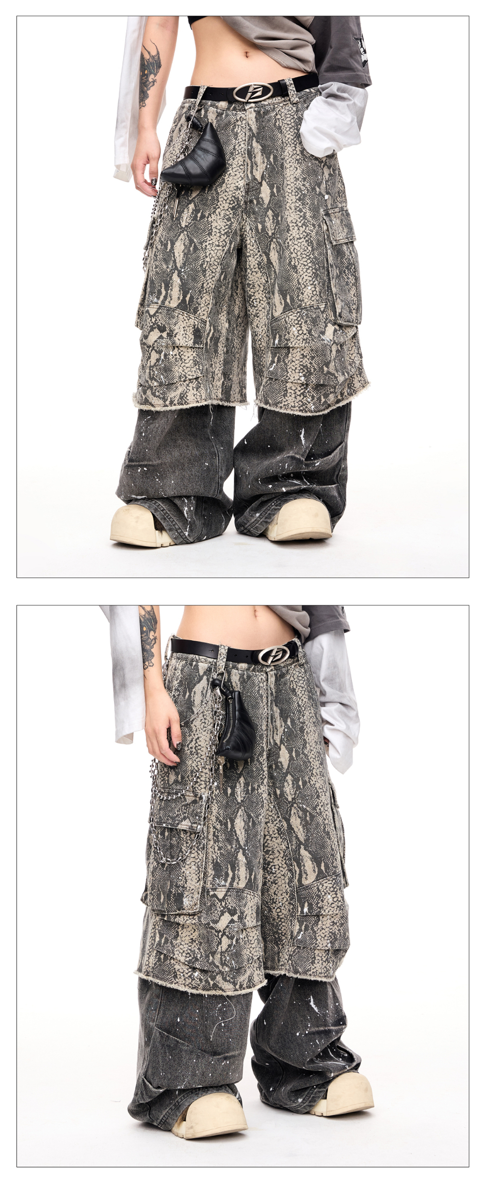 PEOPLESTYLE*レイヤード風 ウォッシュデニム 蛇柄 カーゴパンツ PEOPLESTYLE レイヤード風カーゴパンツ蛇柄デニムウォッシュド