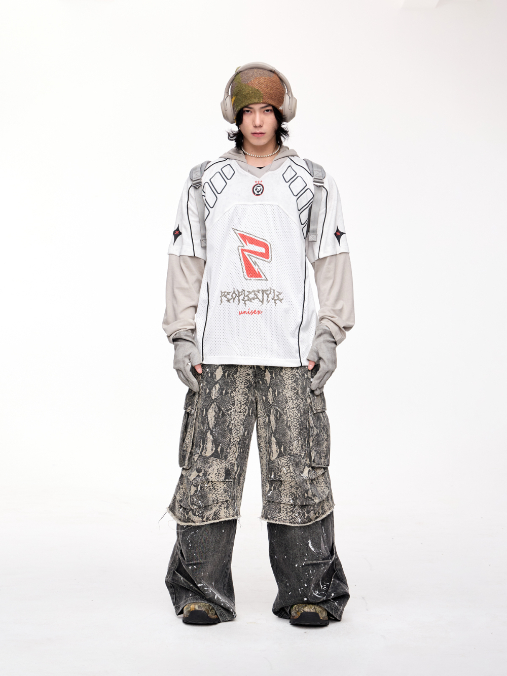 PEOPLESTYLE レイヤード風カーゴパンツ蛇柄デニムウォッシュド PEOPLESTYLE レイヤード風カーゴパンツ蛇柄デニムウォッシュド