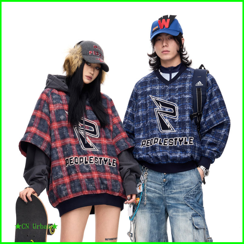 PEOPLESTYLE 袖取外し可チェック柄アメカジＶネックトレーナー