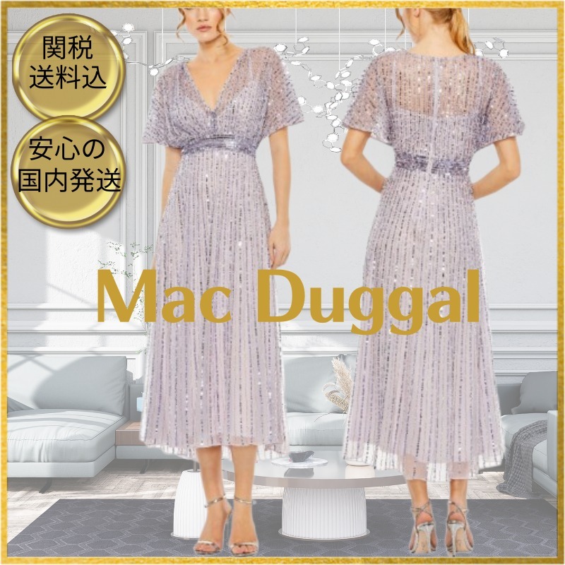 ★Mac Duggal★Purple エンパイア ウエスト 半袖 ミディドレス