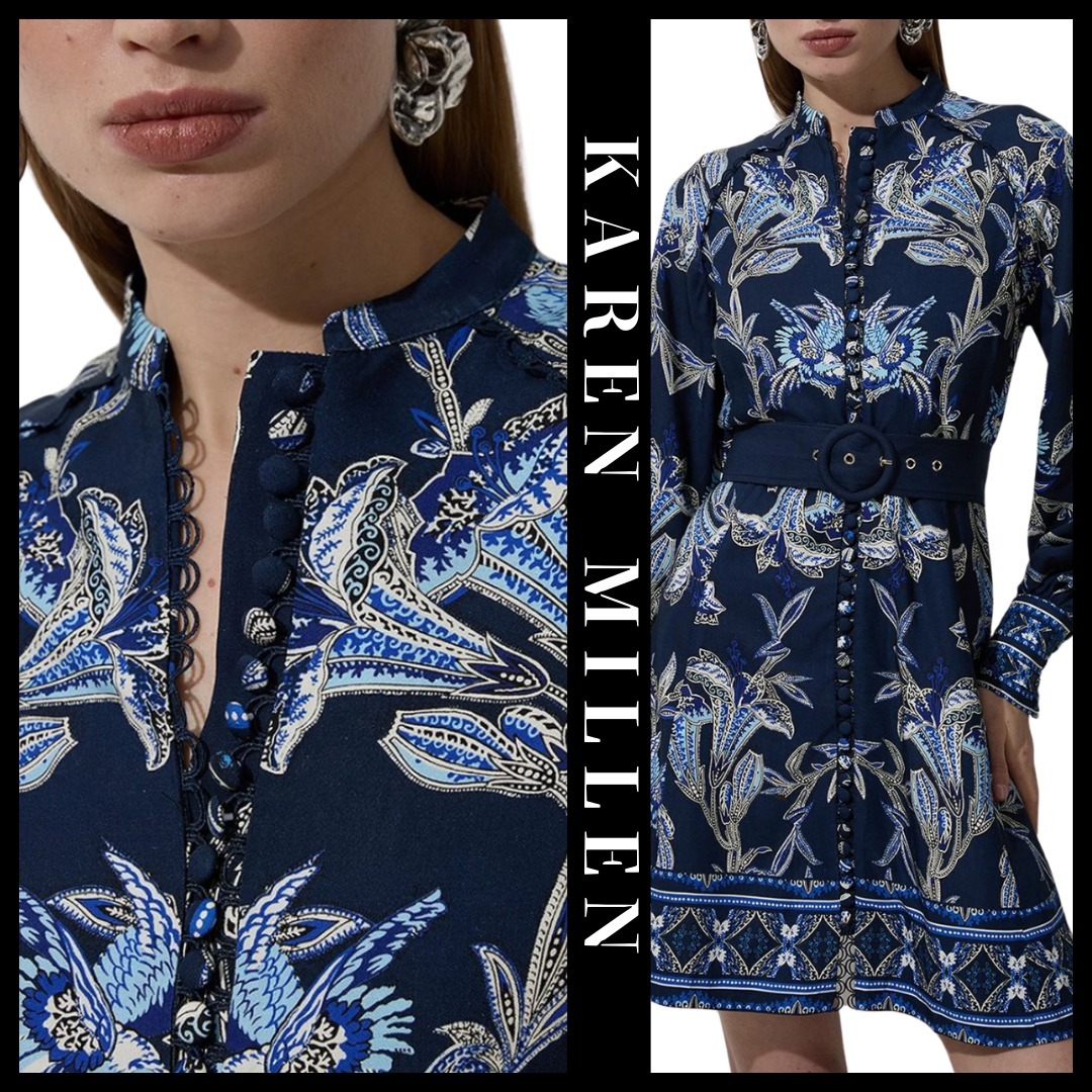 KAREN MILLEN 日本未入荷 ミ二ドレス 花柄 リネン シャツ ブルー