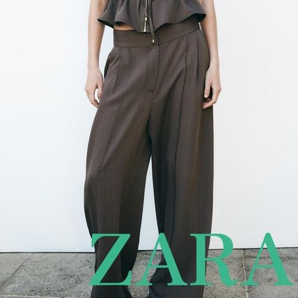 ZARAザラ S ハイウエストウールワイドパンツスラックス ブラウン ZARAザラ S ハイウエストウールワイドパンツスラックス ブラウン