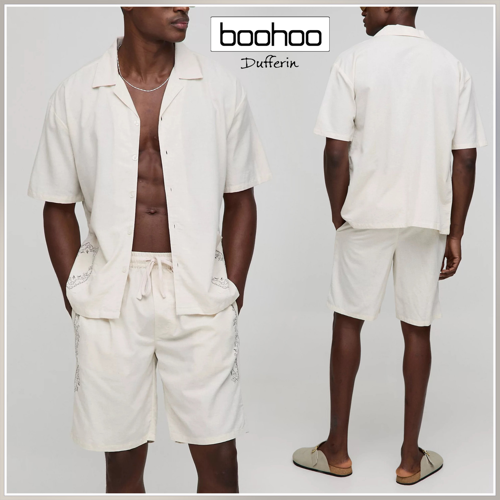 boohoo POCKET DETAIL リネンシャツ & ショート セットアップ