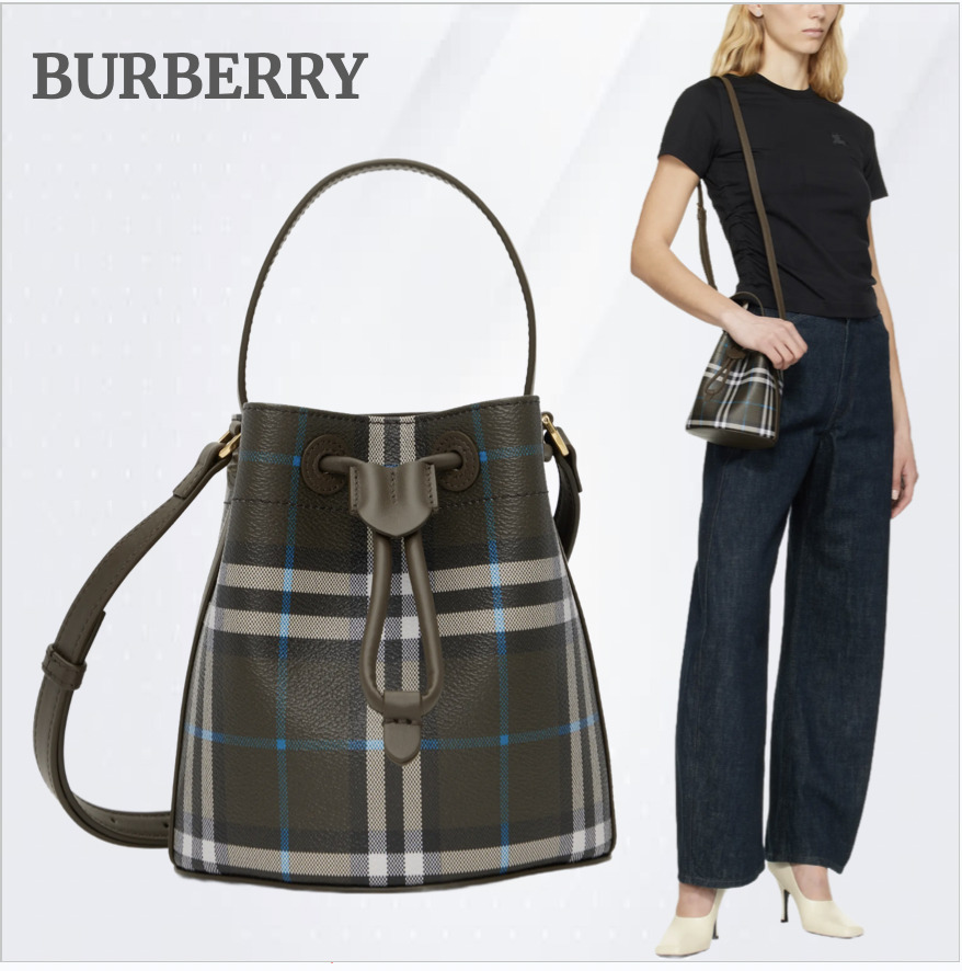 【BURBERRY】グレー ミニ チェック バケットバッグ、チェック柄