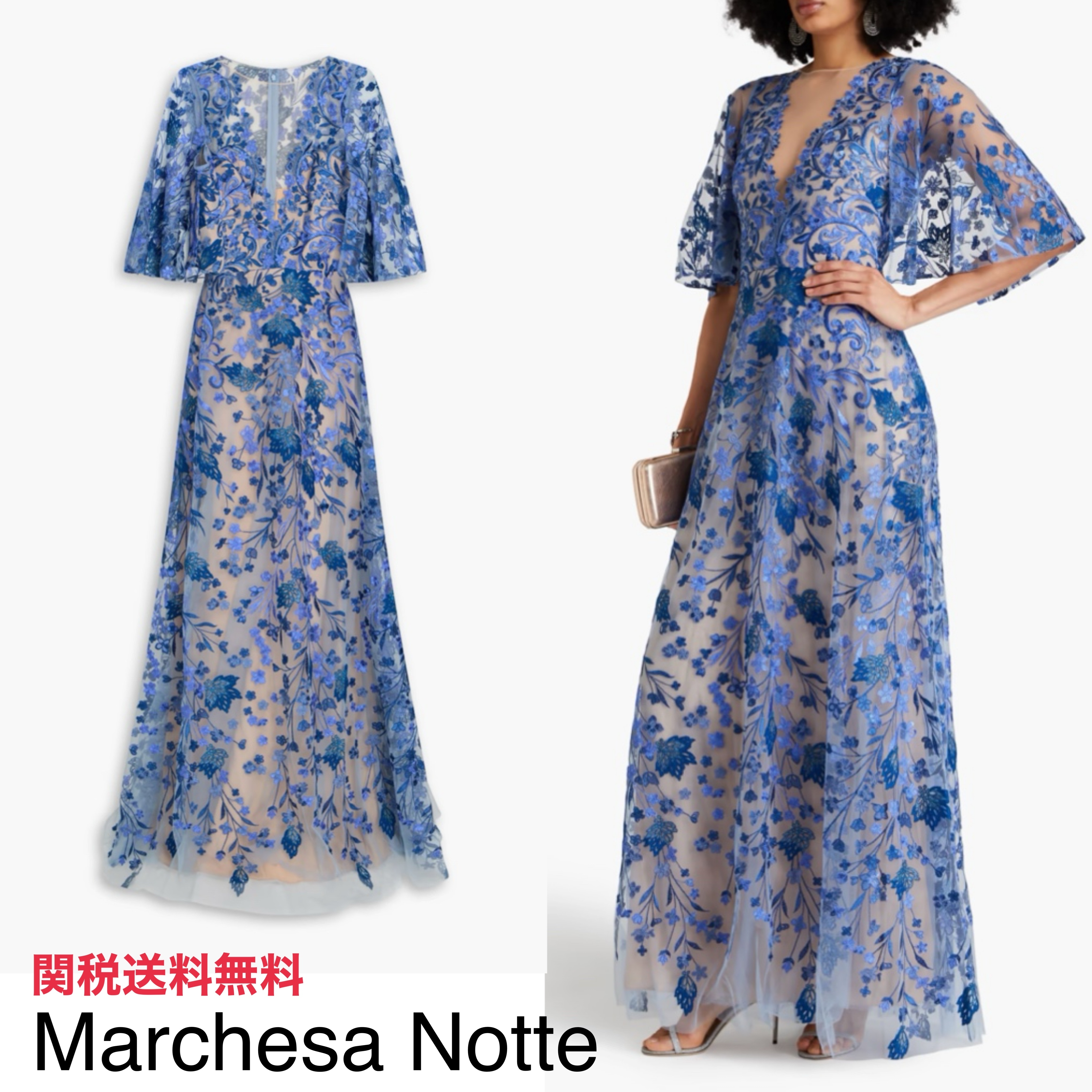 【Marchesa Notte】フローラル ロングドレス 刺繍チュール Marchesa Notte フローラル刺繍チュール ロングドレス