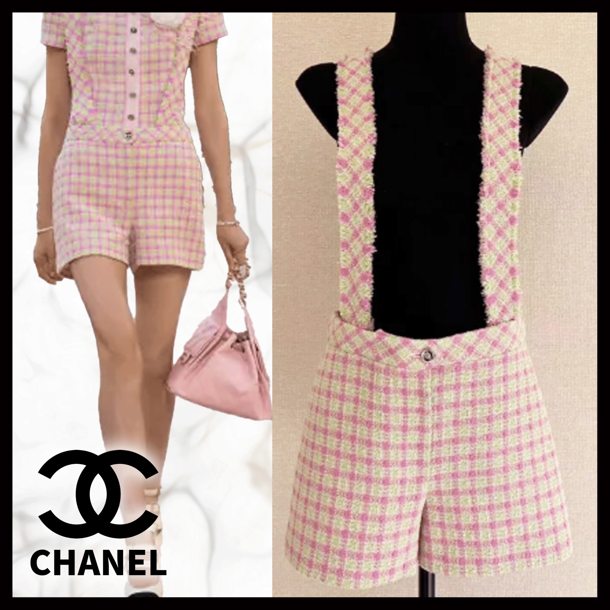 【CHANEL】サスペンダー付き★ツイード ショートパンツ
