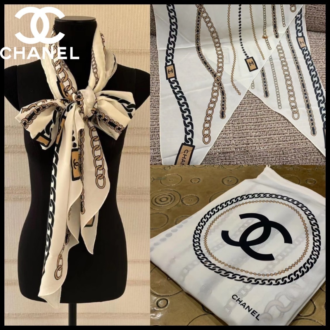 【海外限定】 巾着付◎チェーンプリントが上品♪【CHANEL】25S スカーフ 小物