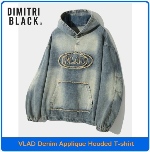 【DIMITRI BLACK】 VLAD Denim Applique Hooded T-shirt