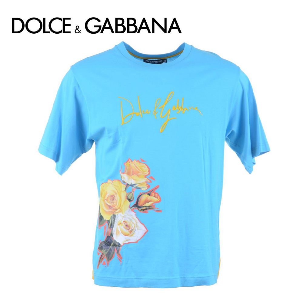 D&G Tシャツ 半袖 コットン ロゴ 薔薇 ブルー【国内発送】