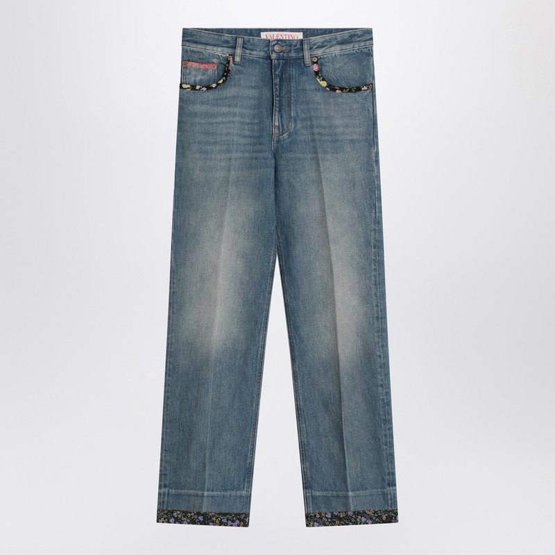 ボトムスその他 Valentino Washed blue jeans with floral fabric trims