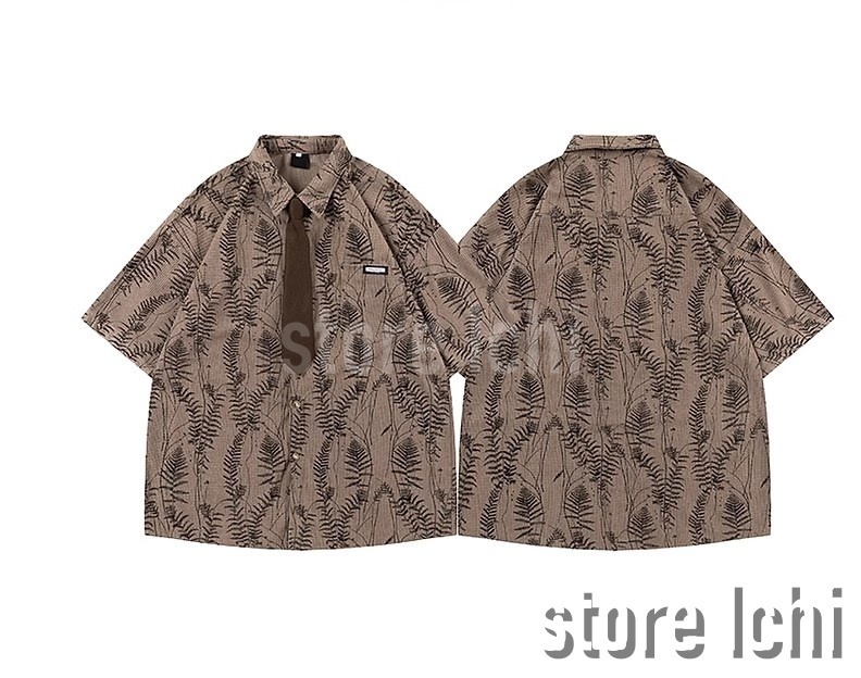 メンズ リーフ柄シャツ ルーズ 半袖シャツ ボタニカル柄 P00323
