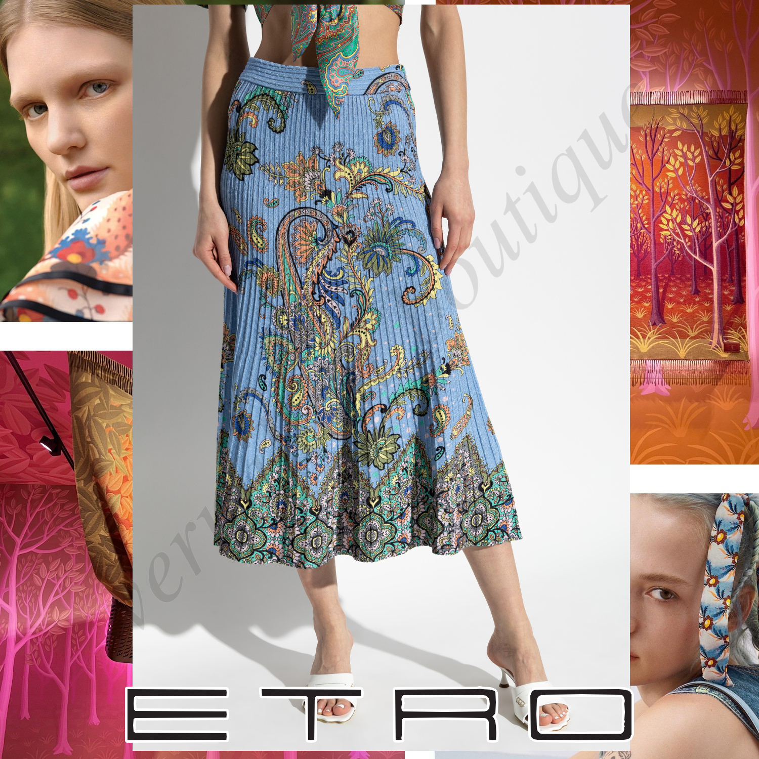 ETRO フローラル ペイズリー プリーツ ミディ スカート