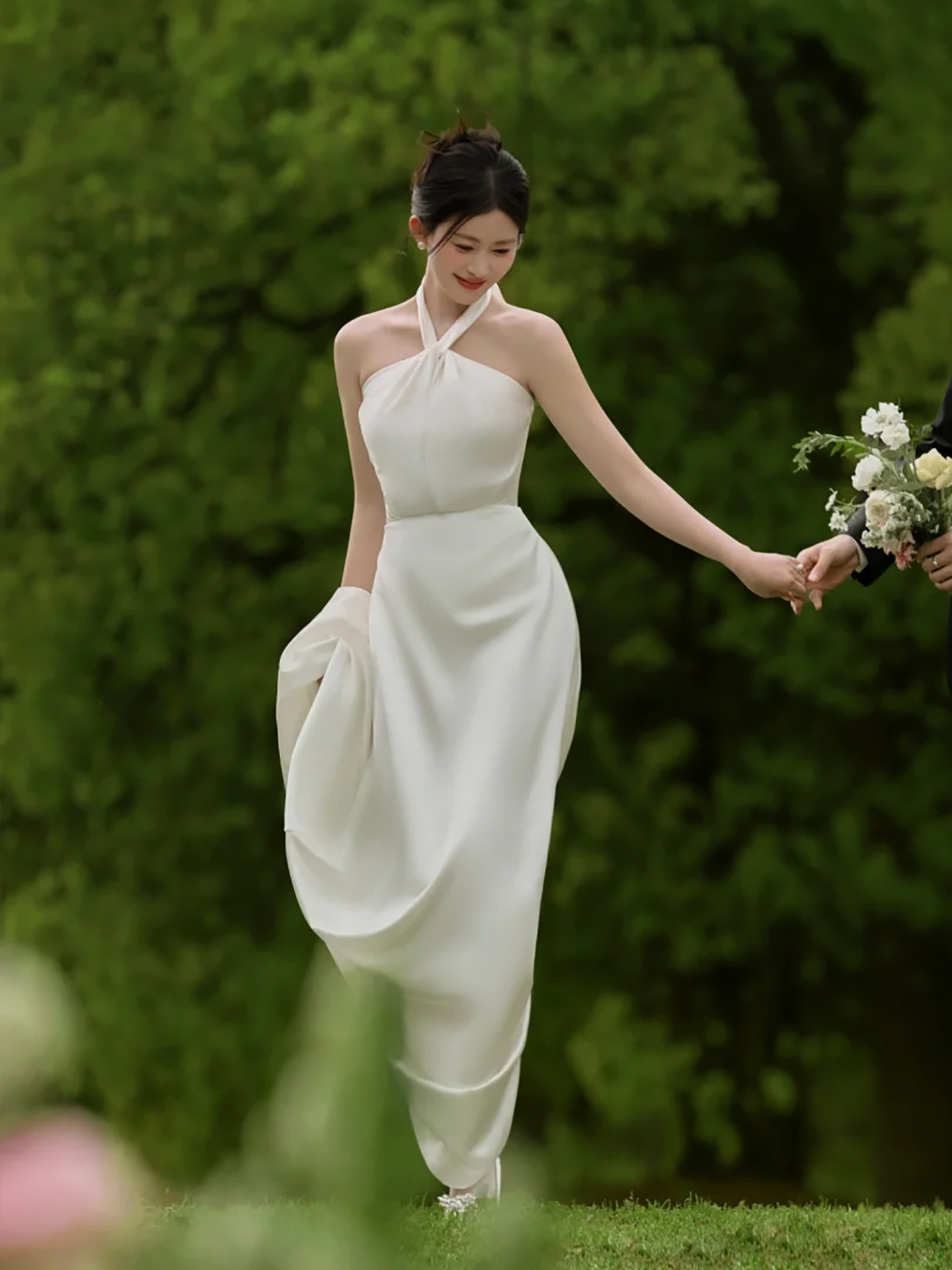 ホワイト エレガント パーティードレス ワンピース 結婚式 韓国