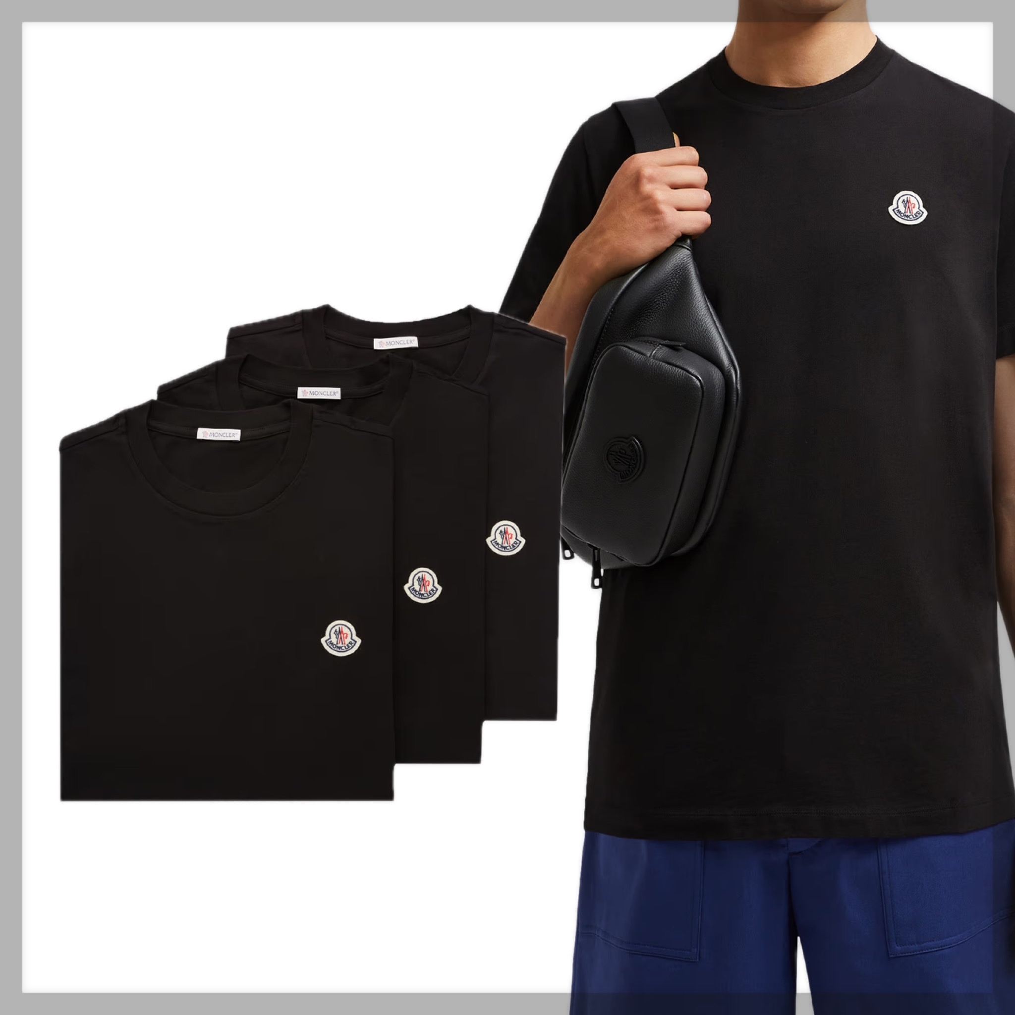 【MONCLER】クラシックロゴ入りコットンTシャツ3枚セット/black