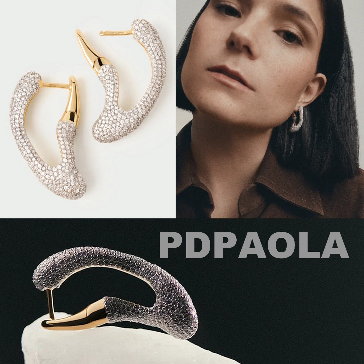 【LB掲載】PDPAOLA◆Silver 925 x ストーン変形フープピアス◆GD