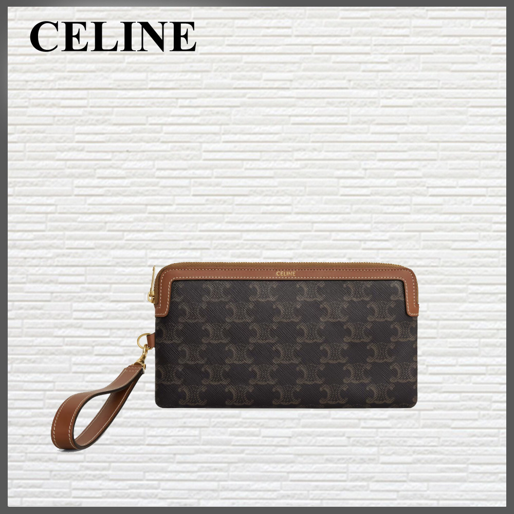【カーフスキン製】CELINE ストラップ付きロングポーチ タン