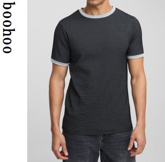 boohoo MAN★スリム 半袖 ツートーン ワッフル トップス Tシャツ