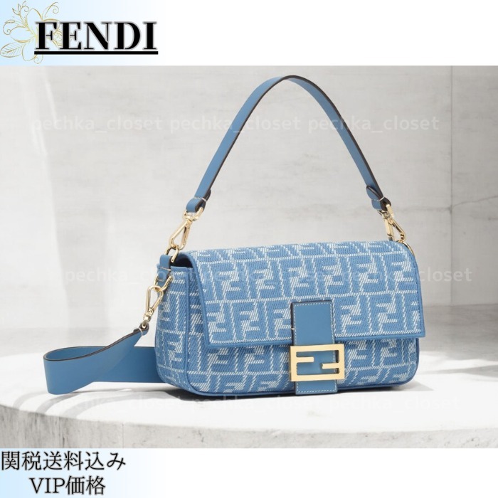 FENDI ♪ ダブルバゲット デニム調FFジャカード&レザーバッグ ◇25SS◇関送込【FENDI】バゲット*デニム調FFジャカード*バッグ