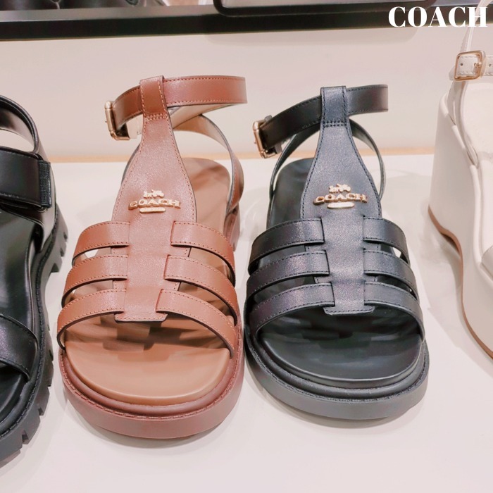 COACH サンダル レザー ロゴ ラバーソール アンクルストラップ