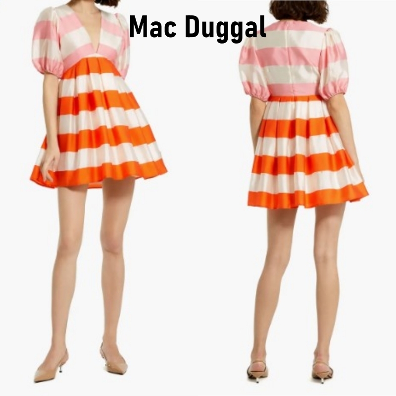 Mac Duggal☆オーガンザストライプバルーンスリーブミニドレス
