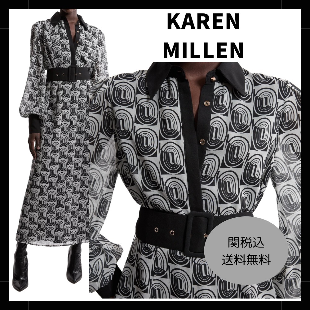 【Karen Millen】ミディワンピース 長袖 襟 ベルト フレア