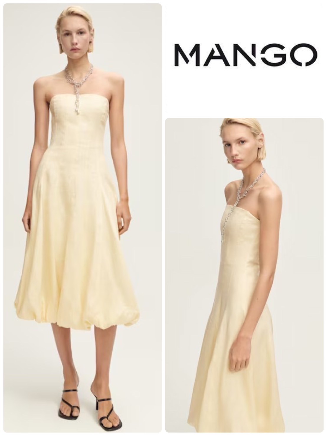 スペイン発送 MANGO パフ裾付きリネンドレス 上品カジュアル