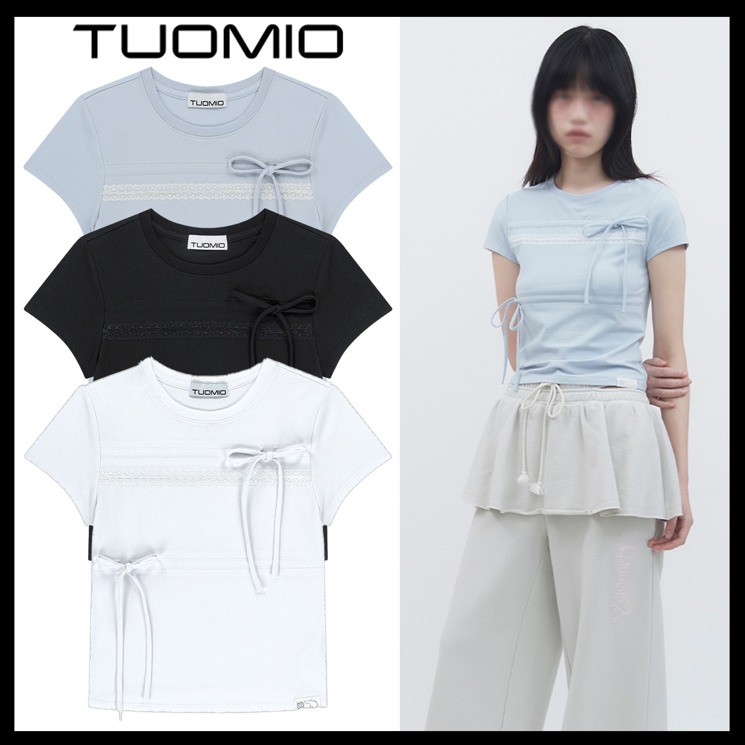 【TUOMIO】RIBBON LAYERED SHORT SLEEVES ★韓国人気★追跡付