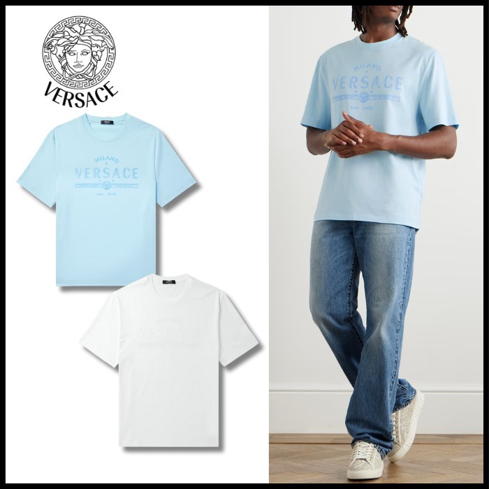 【VERSACE】 コットンジャージー Tシャツ ロゴプリント入り