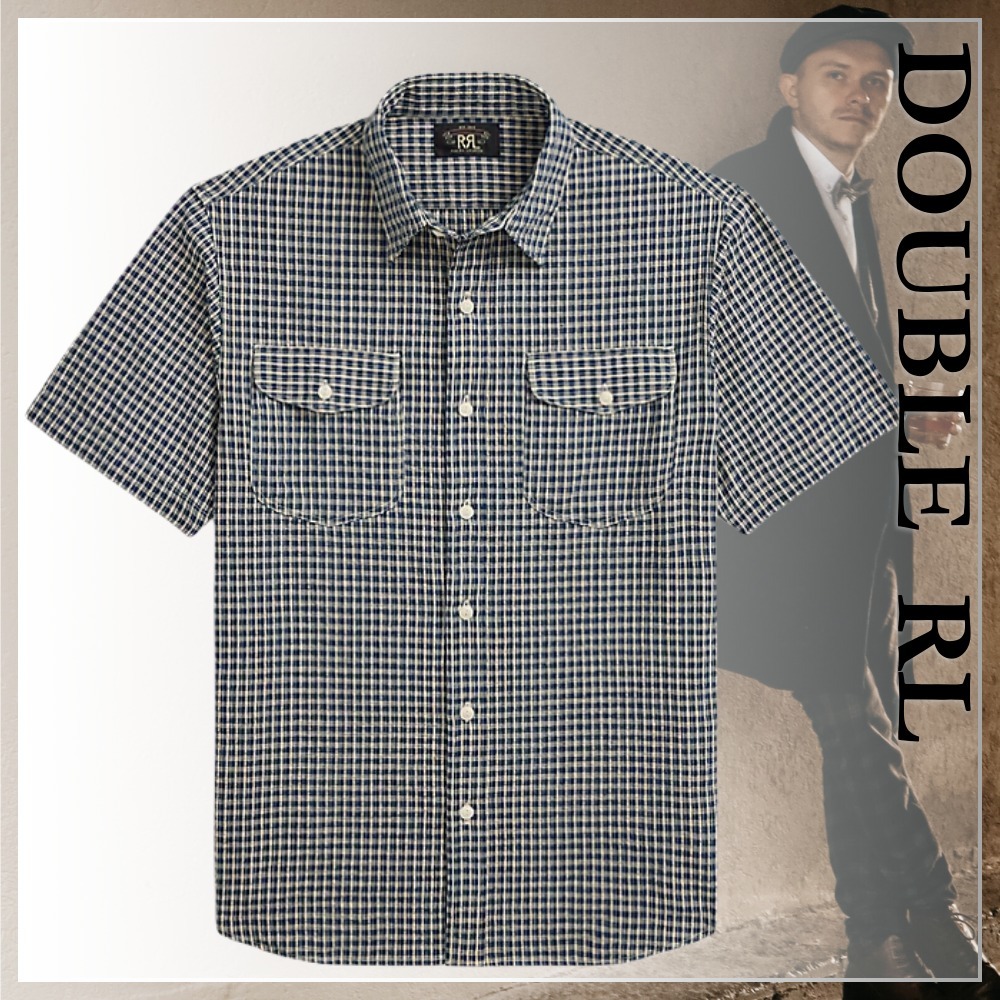 美品 RRL インディゴ チェック オープンカラー ワークシャツ