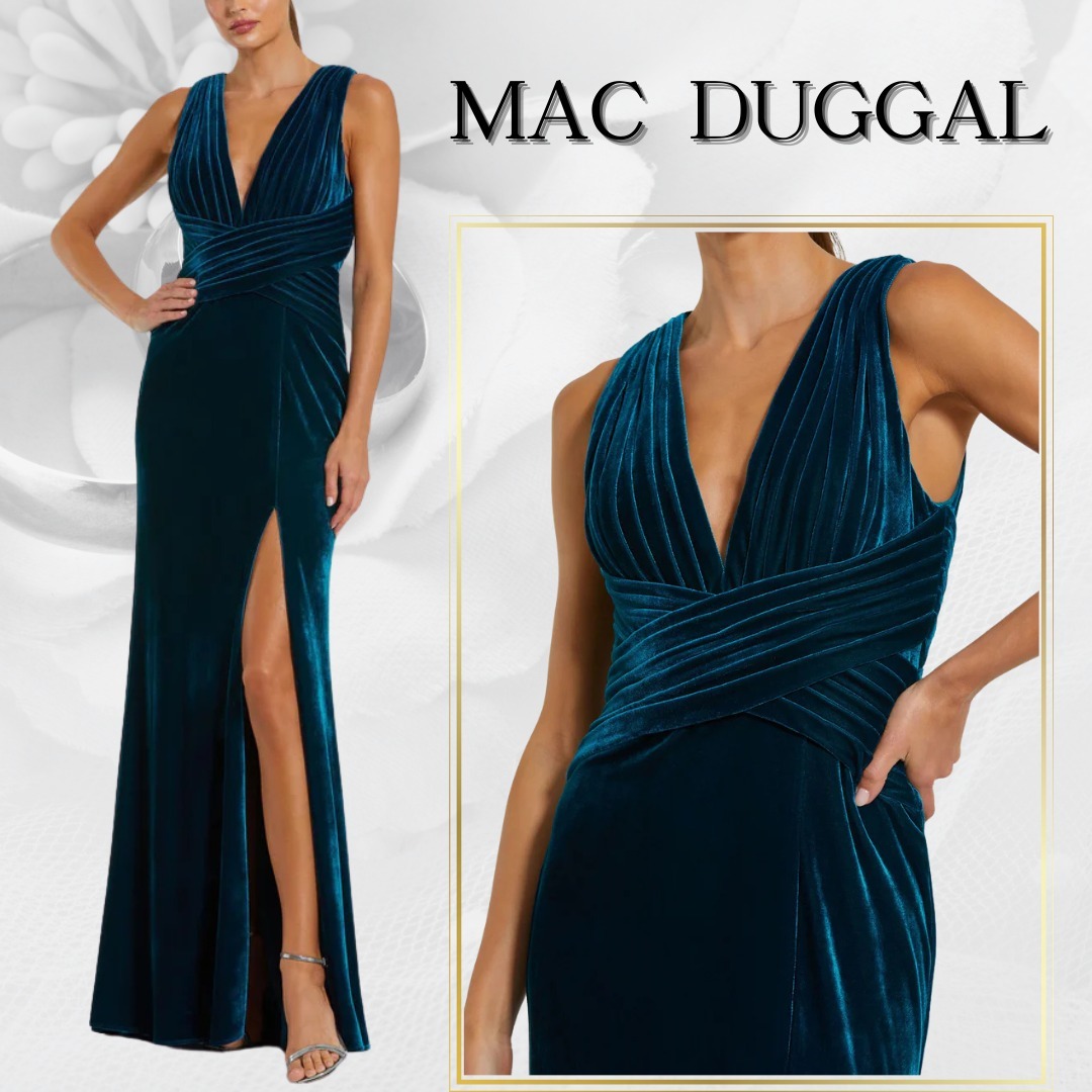 【MAC DUGGAL】ロングドレス ブルーノースリーブ Vネック 無地