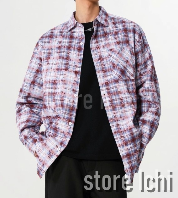 メンズ チェック柄シャツ 色落ち加工 長袖シャツ Q00412