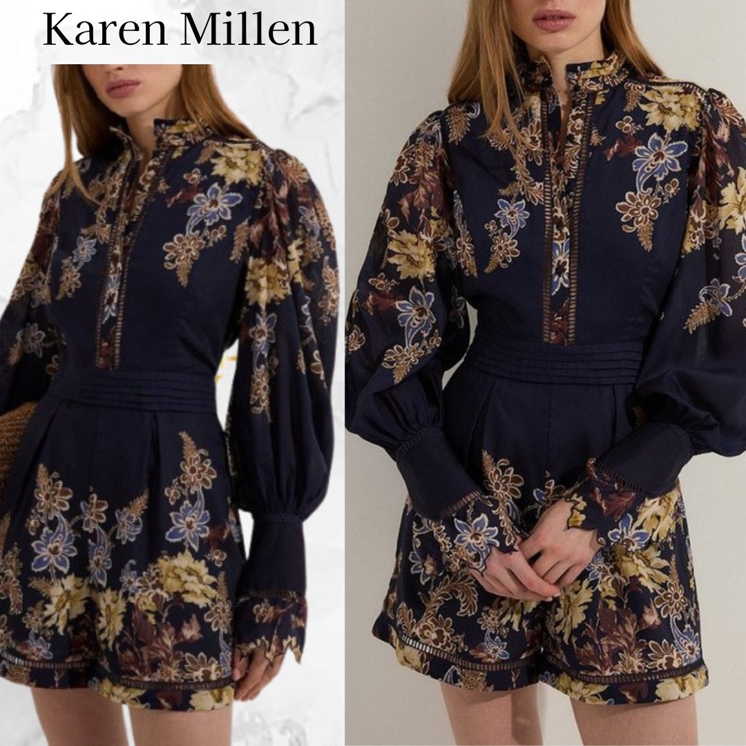 Karen Millen☆フローラルボーダー プレイスーツ レーストリム付