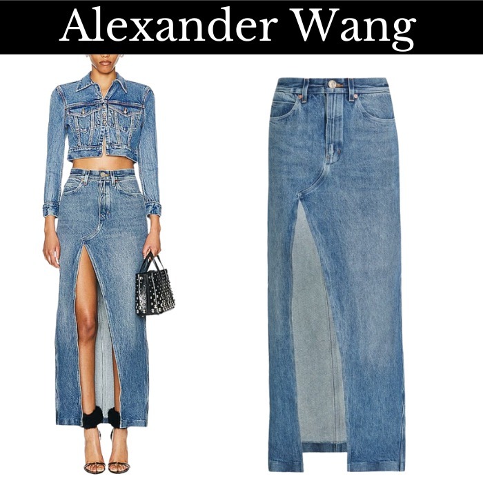 Alexander Wang★デニム Tバックレイヤー ロゴ ミディスカート