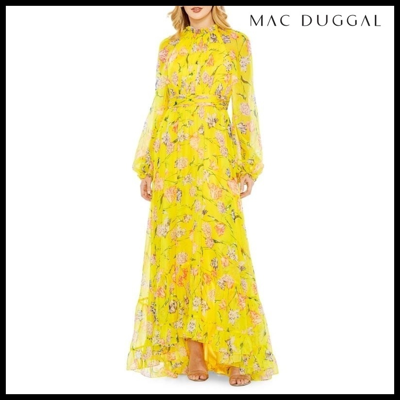 パーティードレス Mac Duggal Floral Chiffon Bishop-Sleeve Gown