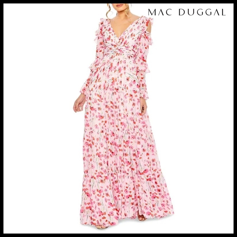 Mac Duggal フローラル コールドショルダー フリル ガウン