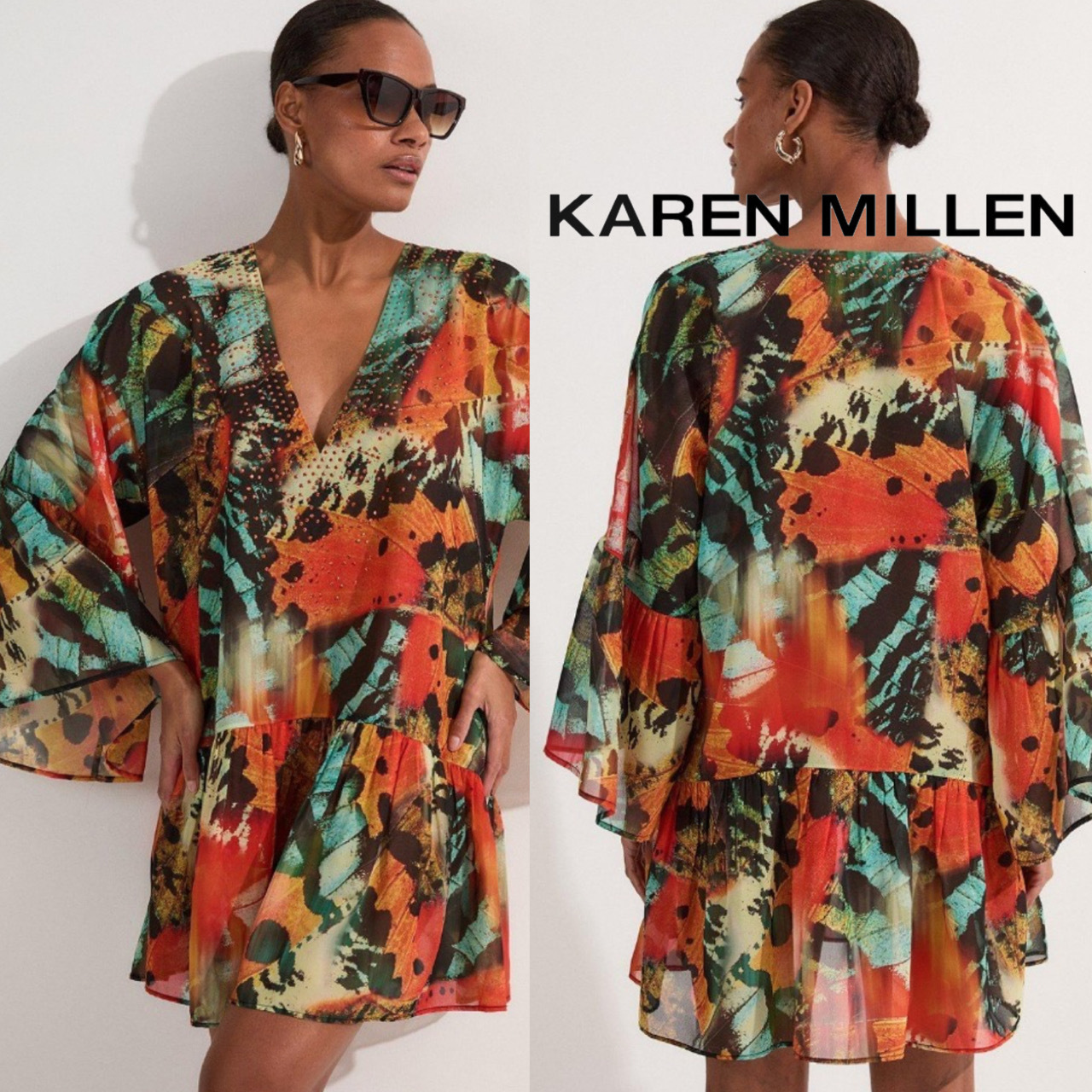 【KAREN MILLEN】蝶 着物袖 ジョーゼットミニビーチドレス