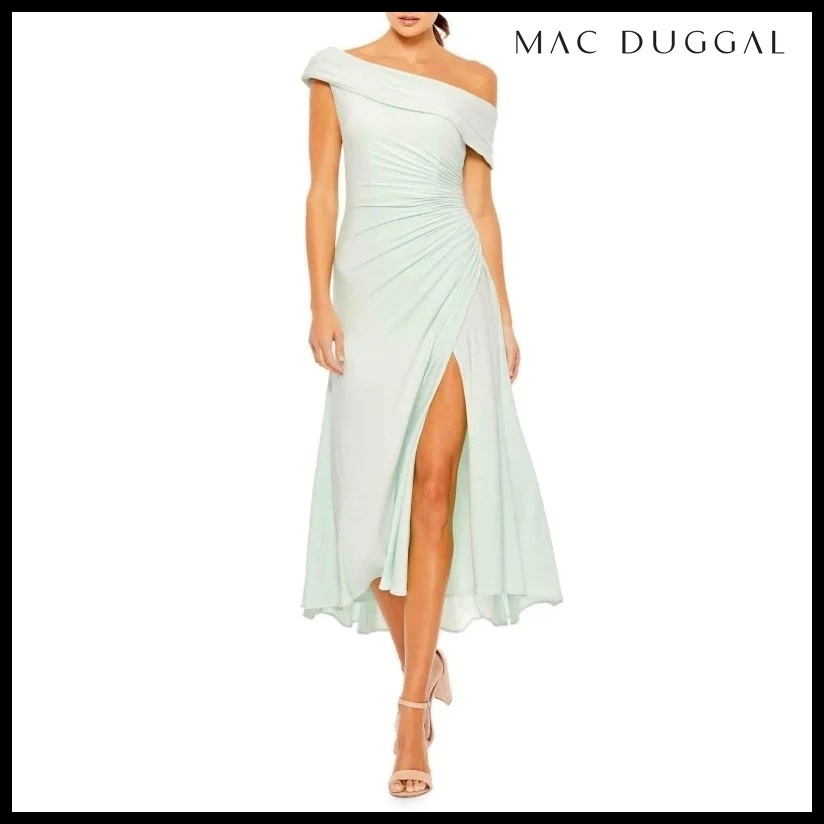 Mac Duggal ワンショルダー ルーシュ ミディドレス