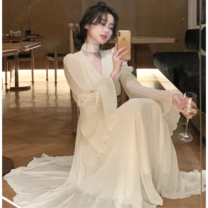 ロングドレス シャーリング フレアスリーブ S~XL